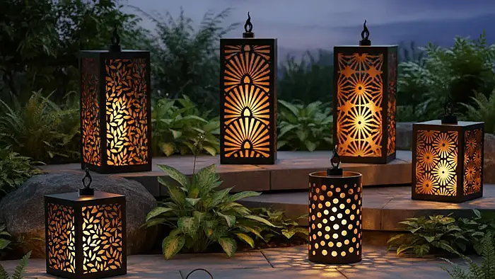 Metalowe lampiony dekoracyjne w ogrodzie, podświetlane LED